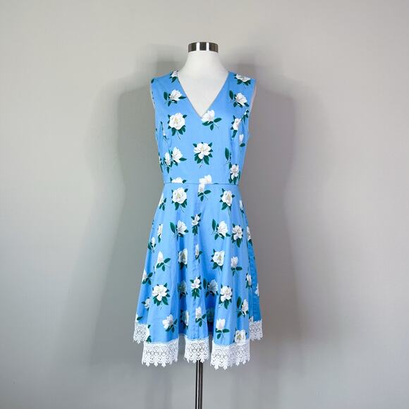 Draper James | Magnolia Love Blue Floral Fit Flare Lace Hem Preppy Dress 8 EUC - Picture 2 of 10
